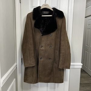 Vintage Beged-Or Made In Israel Brown Suede Leather Shearling Coat Size 38